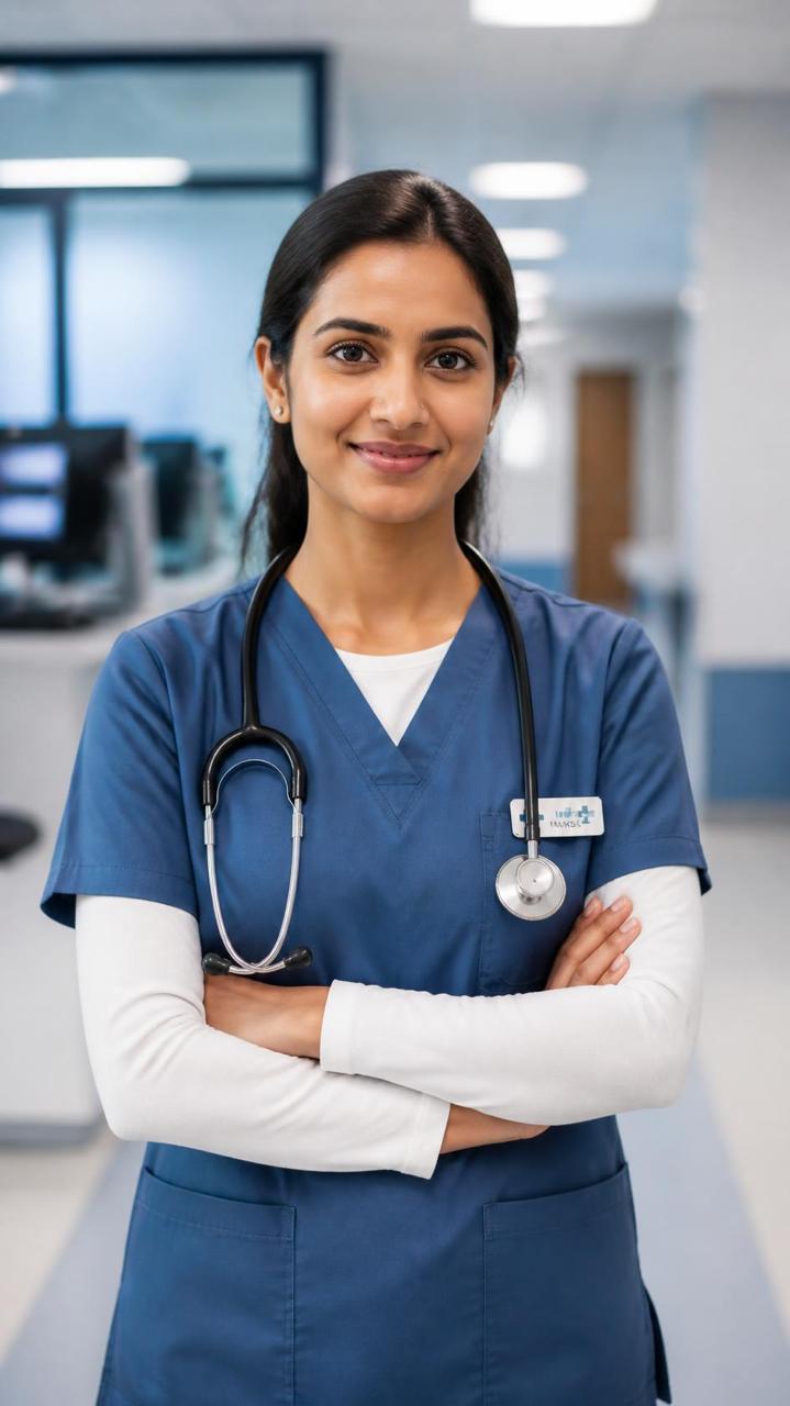 A nurse in blue scrubs standing confidently in a modern hospital