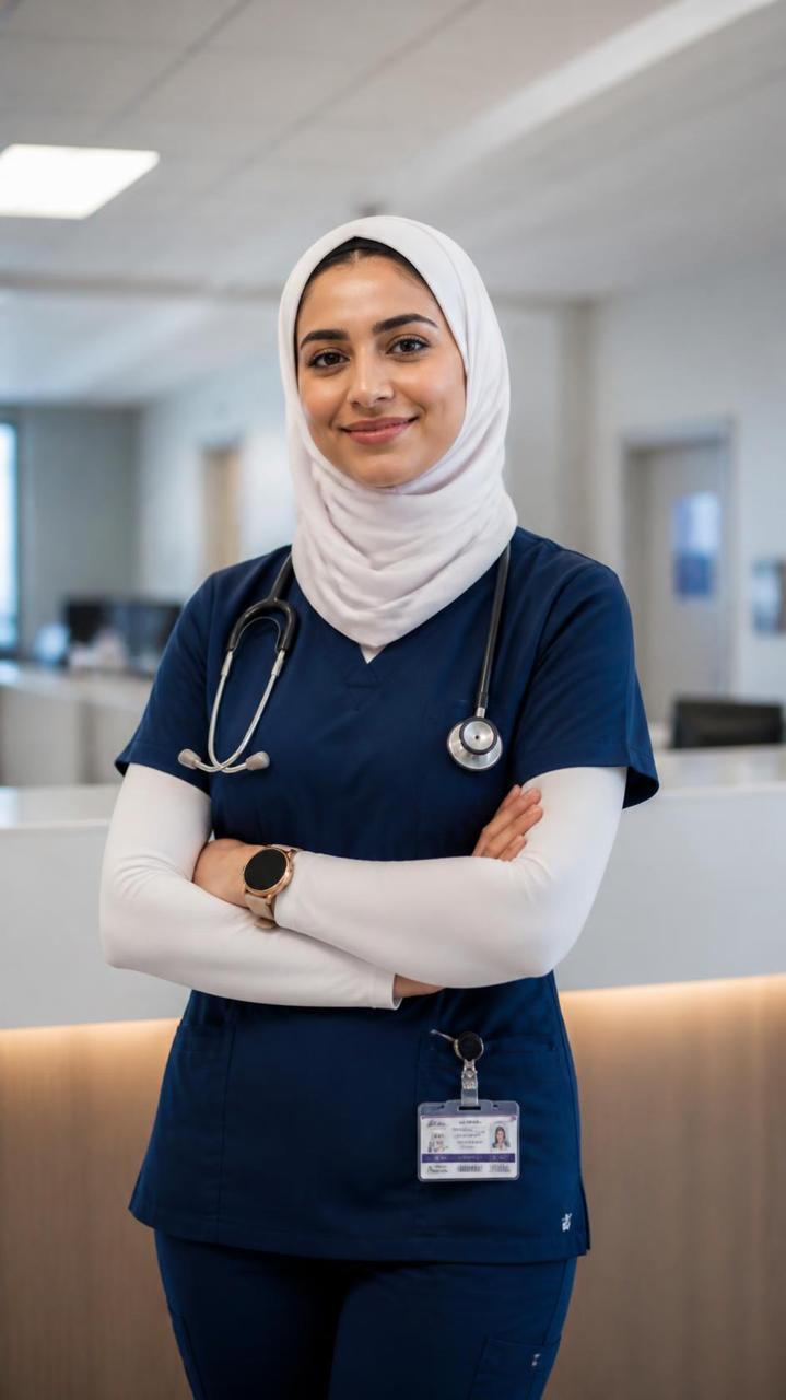 A hijabi nurse in navy scrubs standing confidently in a modern hospital