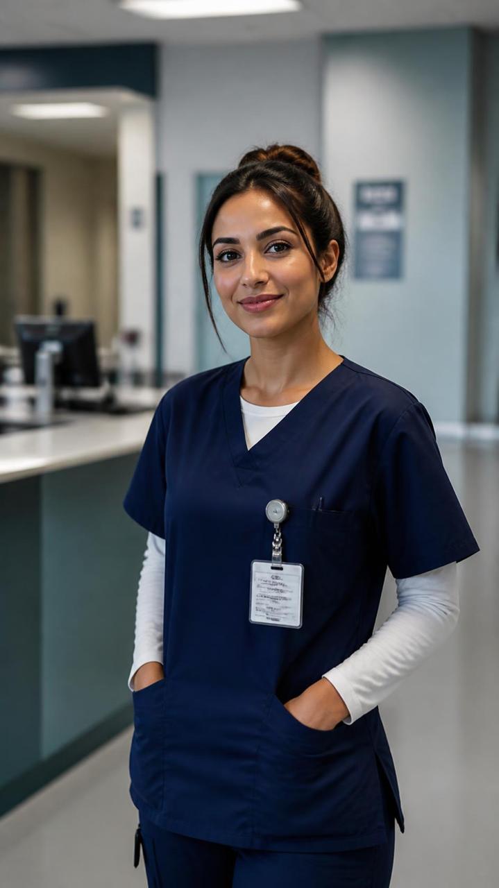 A nurse in navy scrubs standing in a hospital reception area